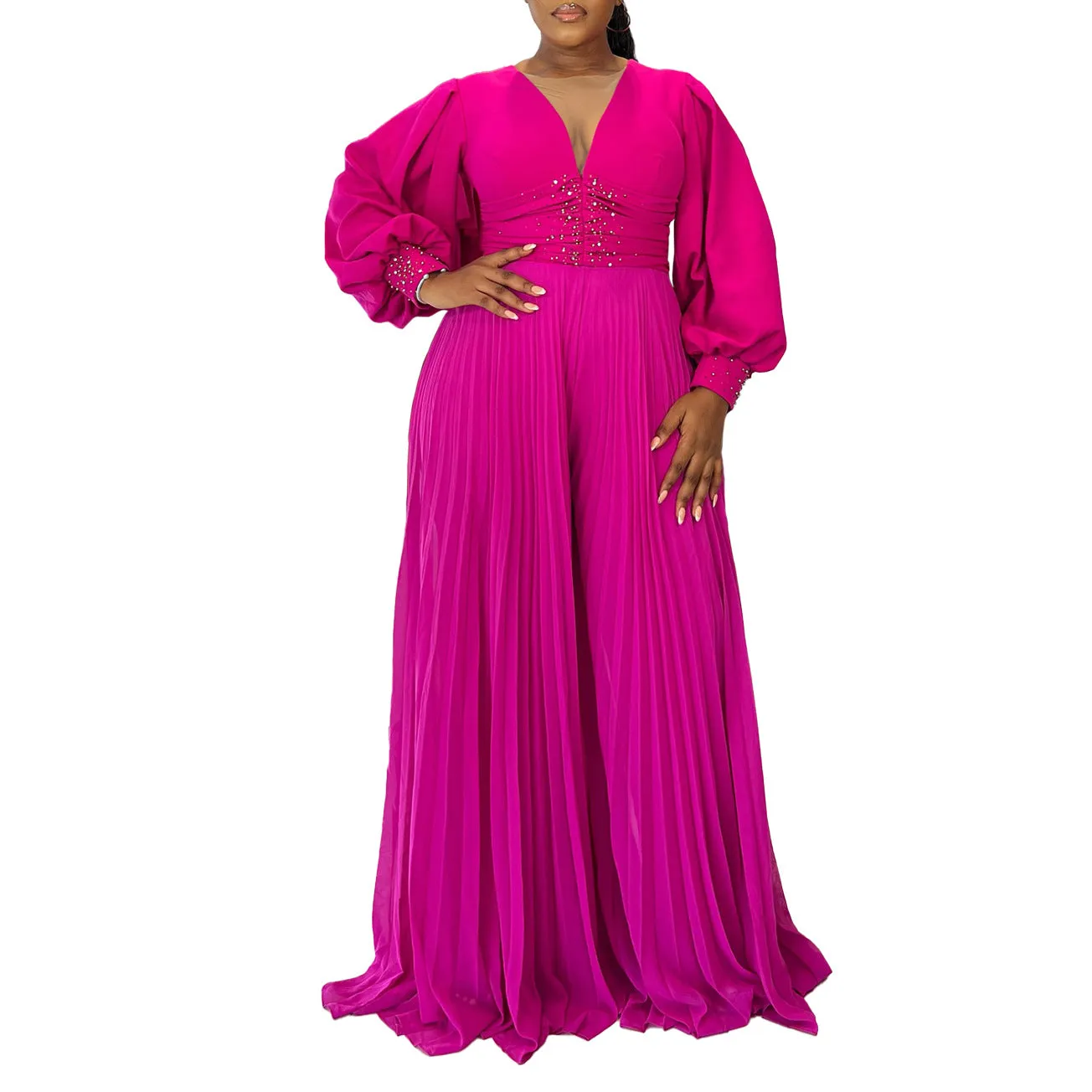 Elegant Beaded Long Sleeve Wide-Leg Pleated African Jumpsuit for Plus-Size Glamour