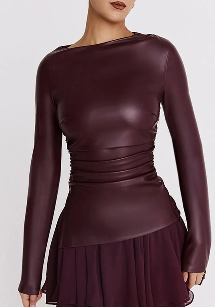 Elegant Long-Sleeve Pleated PU Leather Top