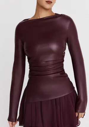 Elegant Long-Sleeve Pleated PU Leather Top