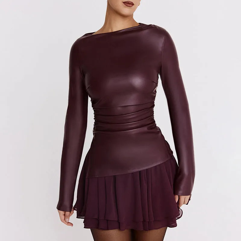 Elegant Long-Sleeve Pleated PU Leather Top