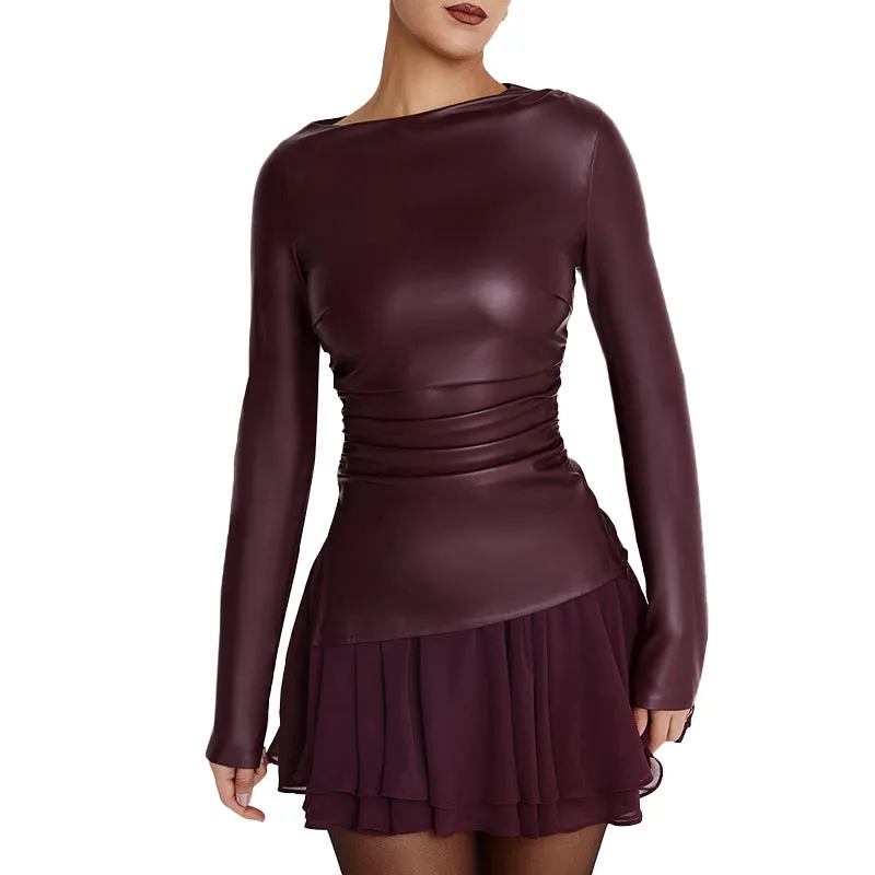 Elegant Long-Sleeve Pleated PU Leather Top