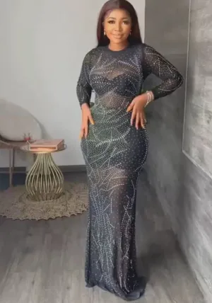 Elegant Long-Sleeved Beaded See-Through Mesh Bodycon Dress