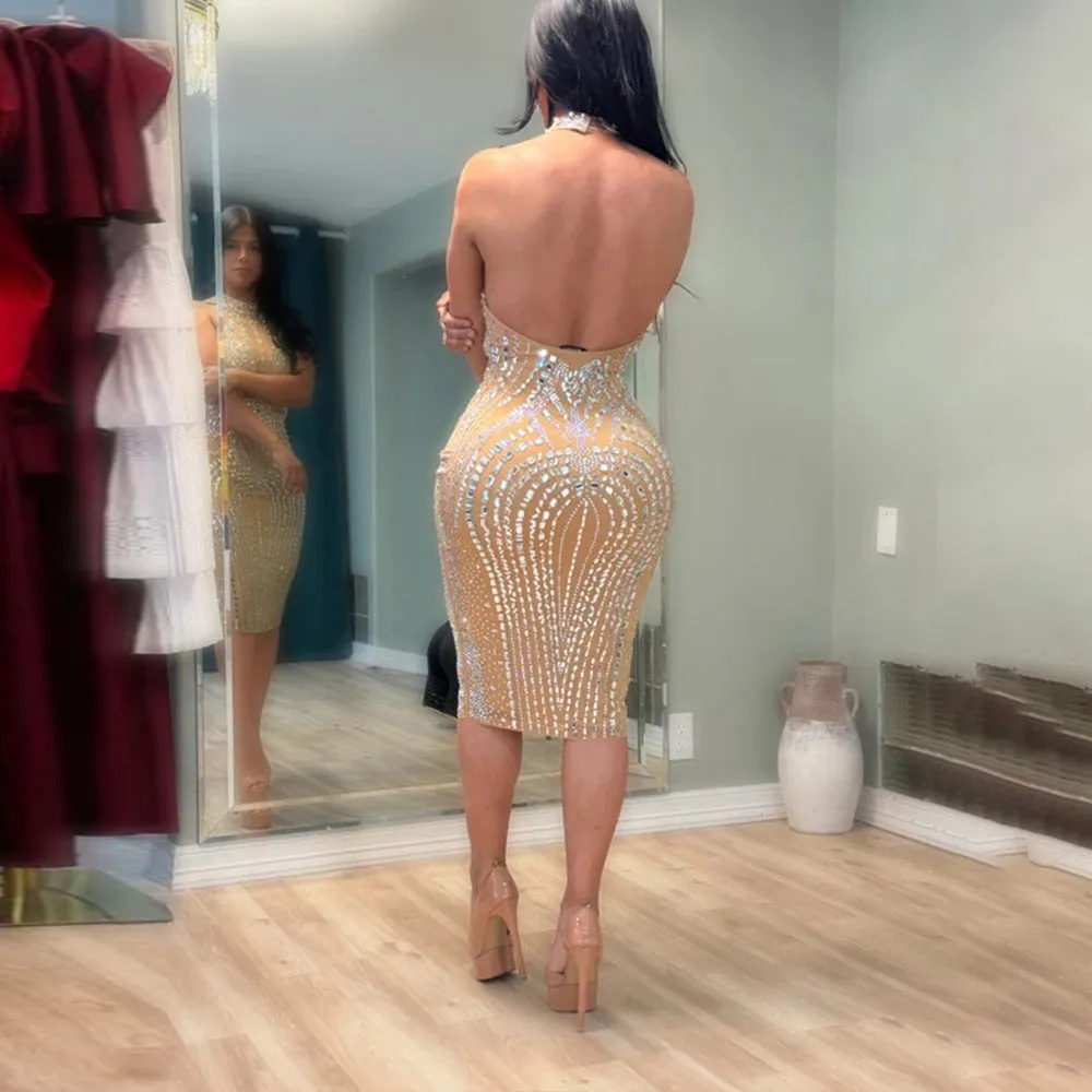 Elegant Low Back Mesh Patchwork Beaded Party Dress for Glamorous Nights