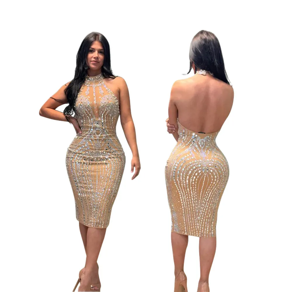 Elegant Low Back Mesh Patchwork Beaded Party Dress for Glamorous Nights