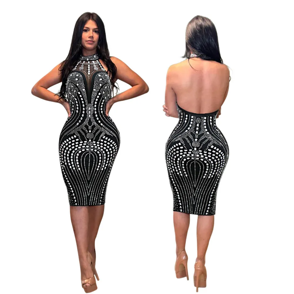 Elegant Low Back Mesh Patchwork Beaded Party Dress for Glamorous Nights