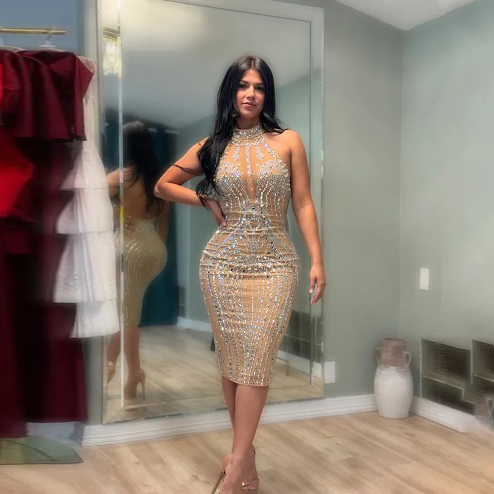 Elegant Low Back Mesh Patchwork Beaded Party Dress for Glamorous Nights