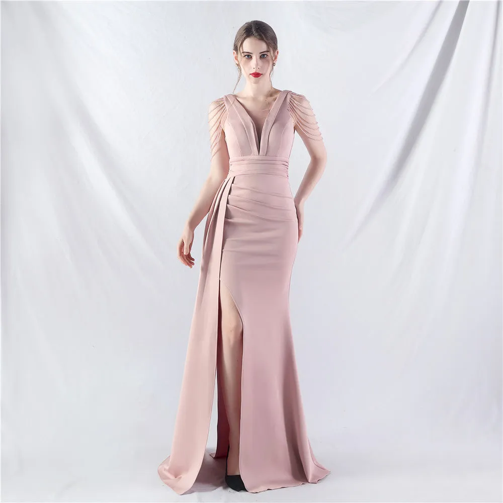 Elegant Satin Folding Beaded Evening Dress