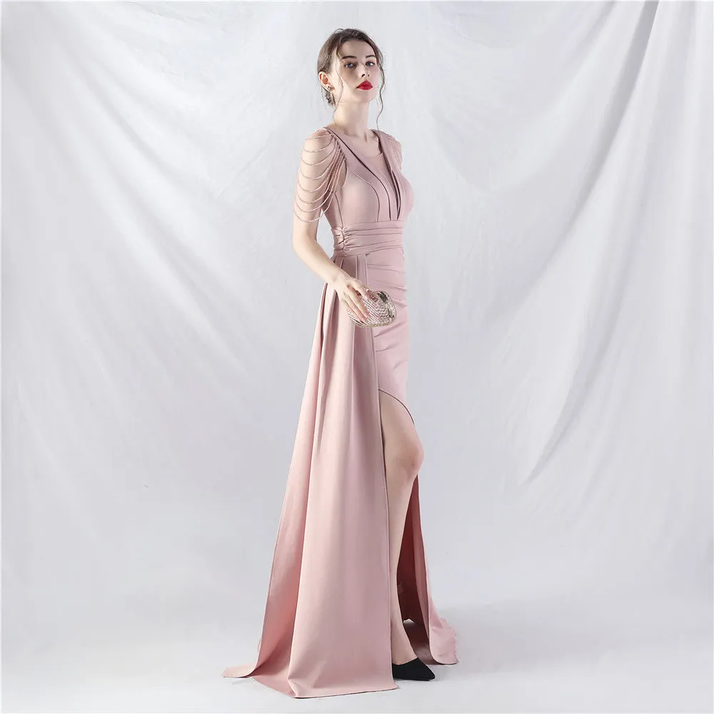 Elegant Satin Folding Beaded Evening Dress