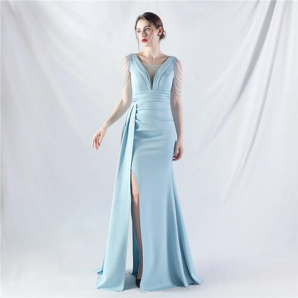 Elegant Satin Folding Beaded Evening Dress