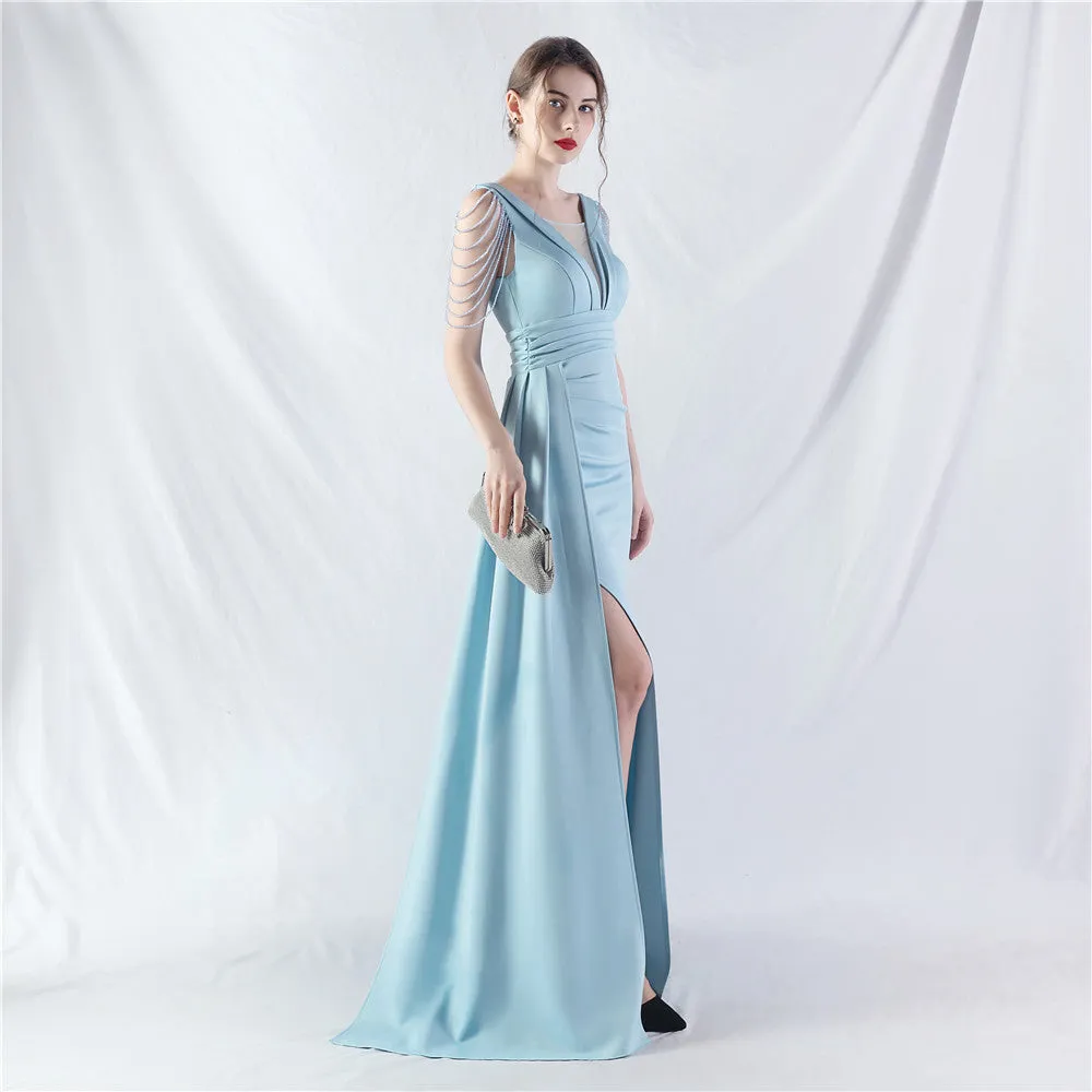 Elegant Satin Folding Beaded Evening Dress