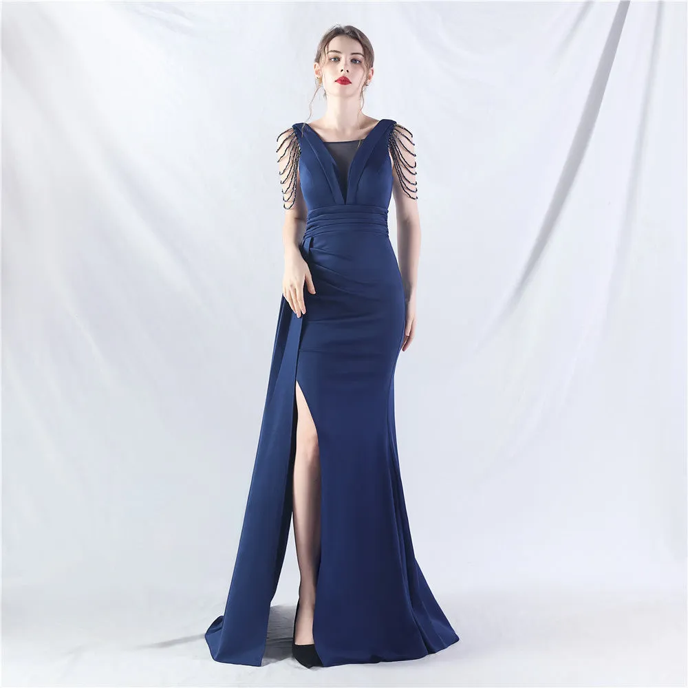 Elegant Satin Folding Beaded Evening Dress