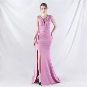 Elegant Satin Folding Beaded Evening Dress