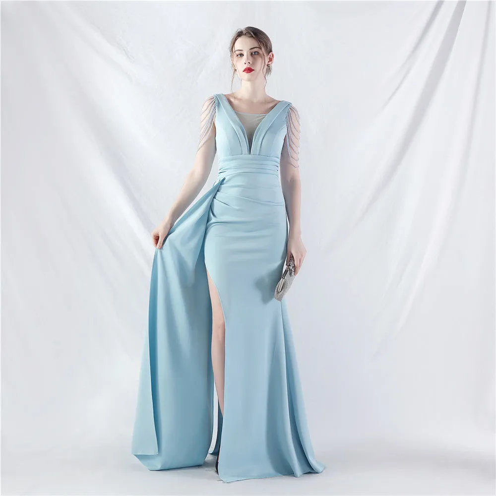 Elegant Satin Folding Beaded Evening Dress