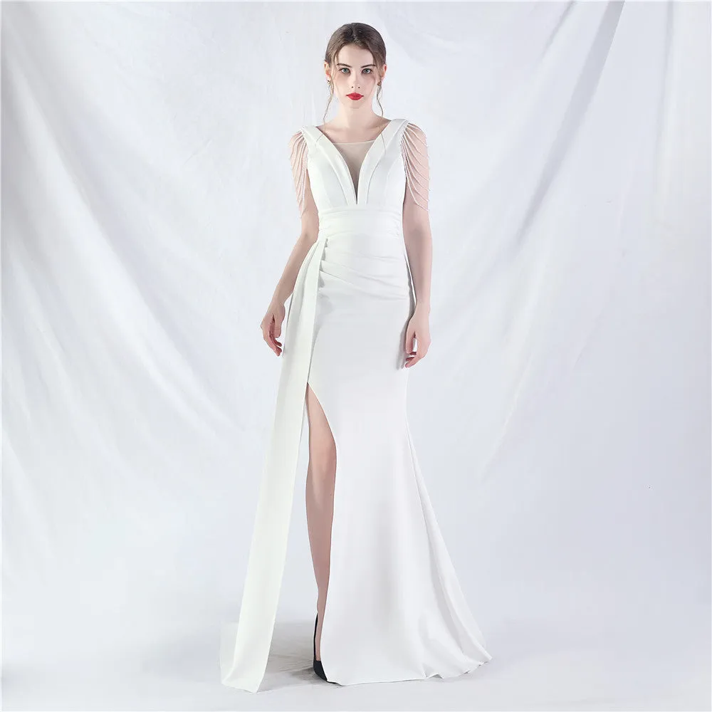 Elegant Satin Folding Beaded Evening Dress