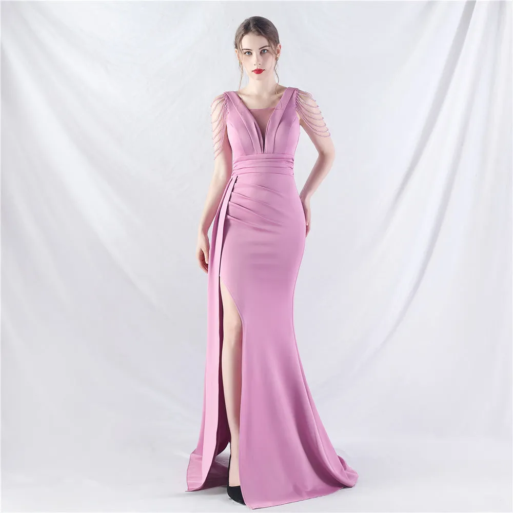 Elegant Satin Folding Beaded Evening Dress