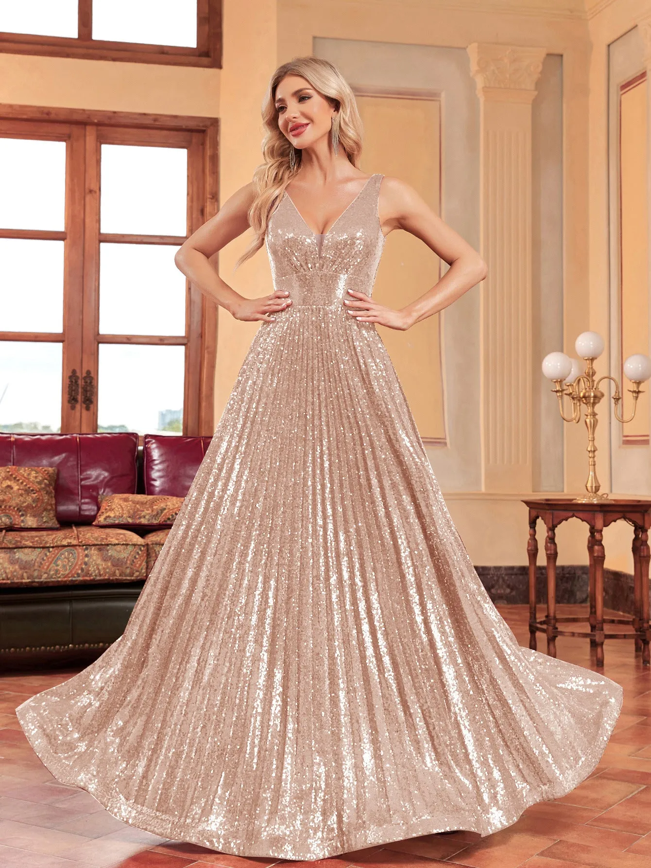 Elegant Sequin Beaded Sleeveless Evening Dress