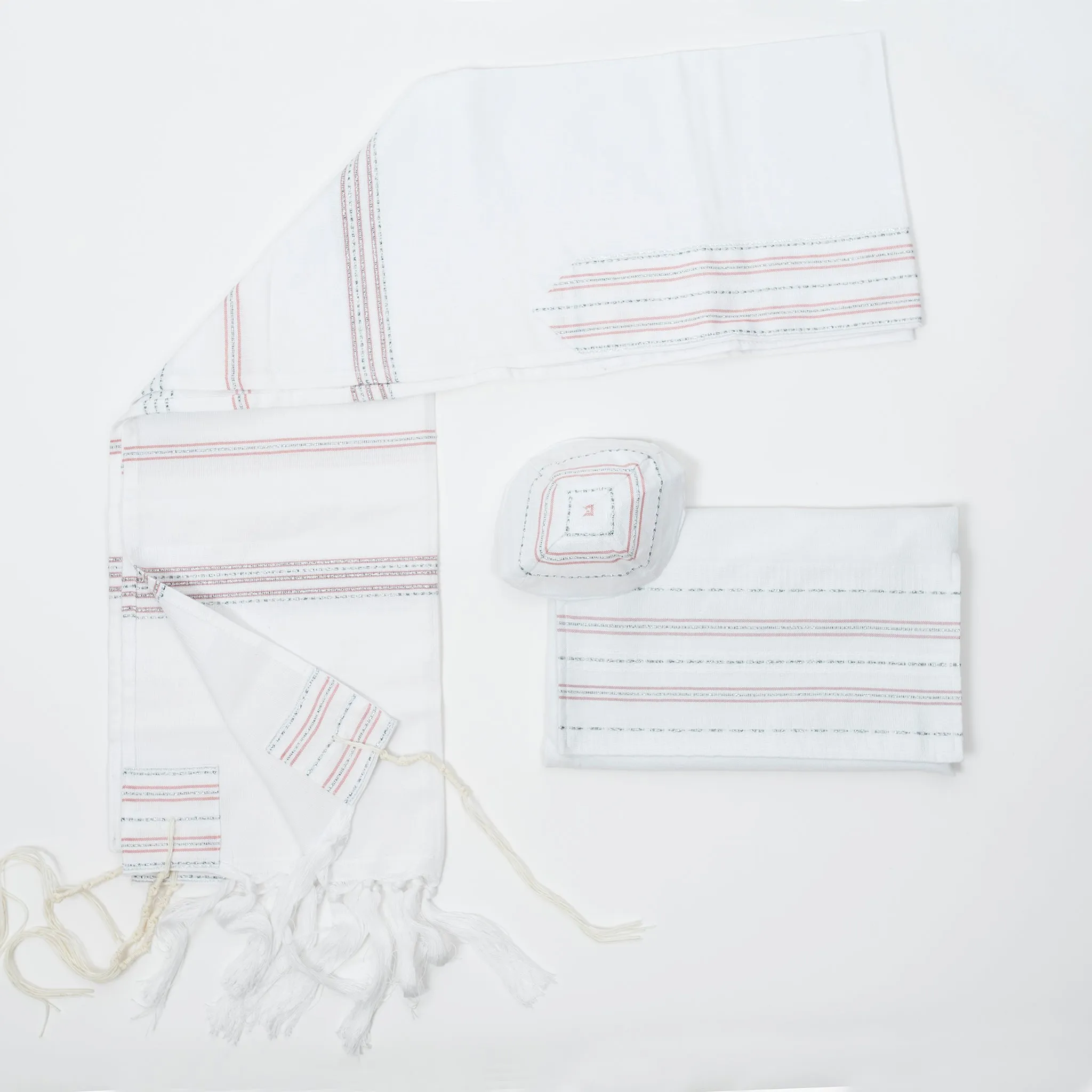 Elia - Silk Tallit - Pink and Silver on White