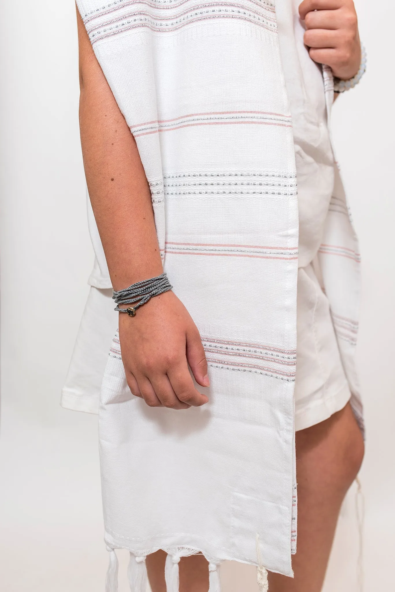 Elia - Silk Tallit - Pink and Silver on White