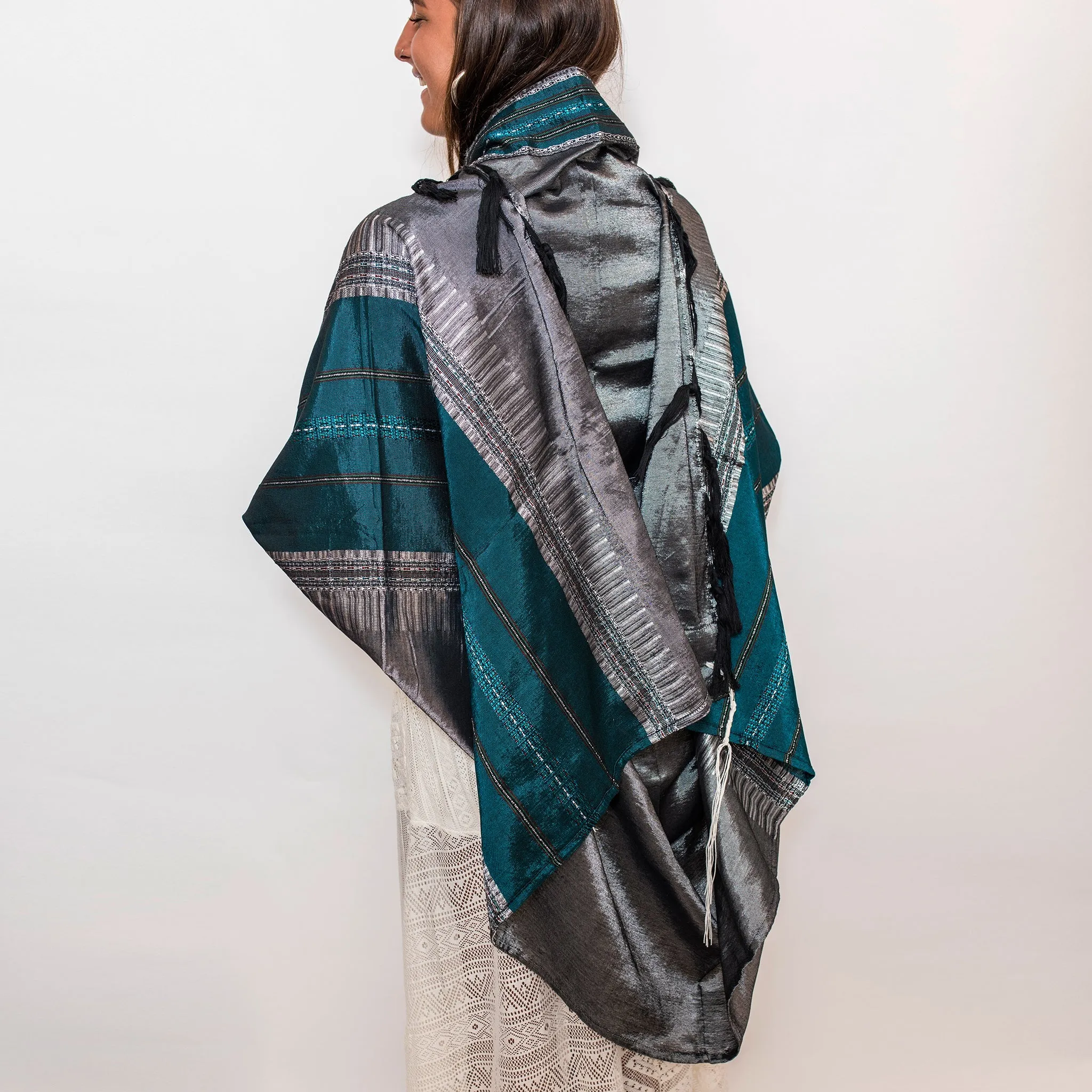 Elia - Silk Tallit- Turquoise and Silver on Gray