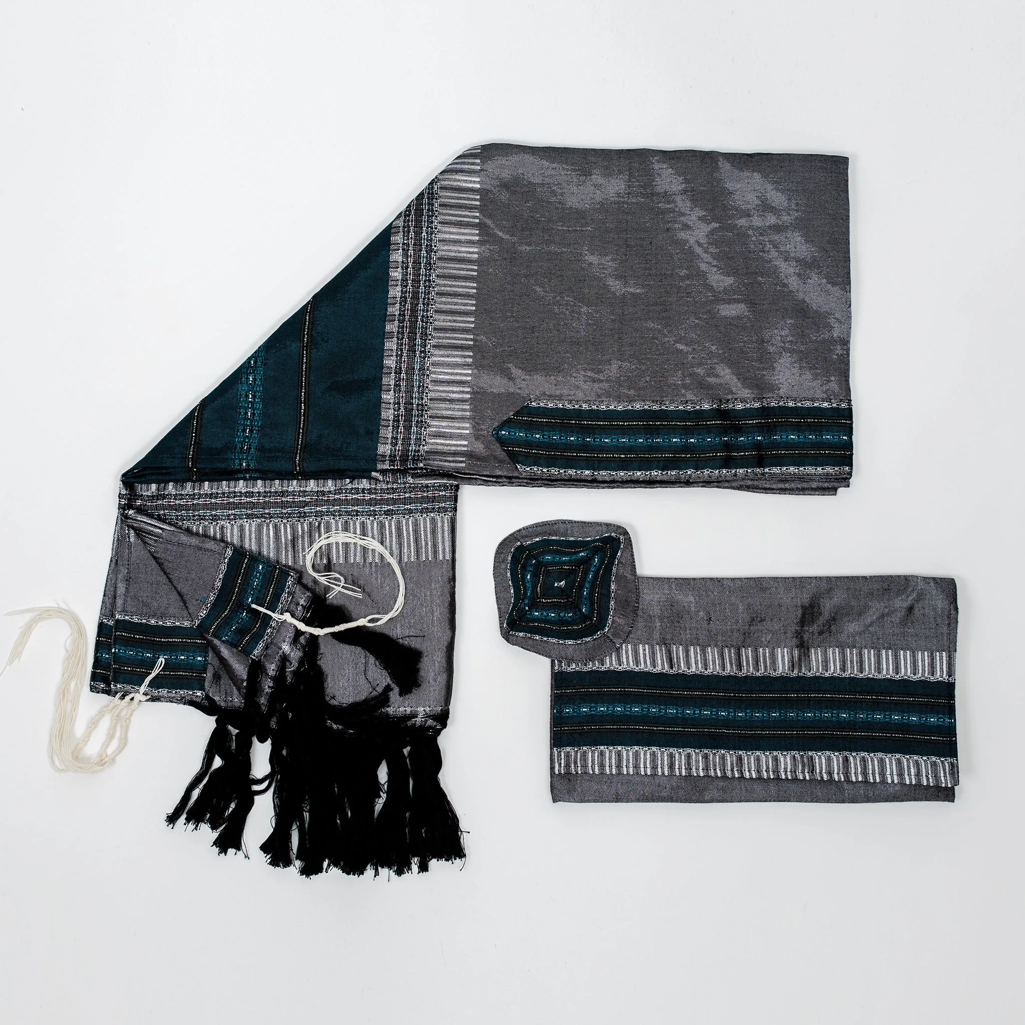 Elia - Silk Tallit- Turquoise and Silver on Gray