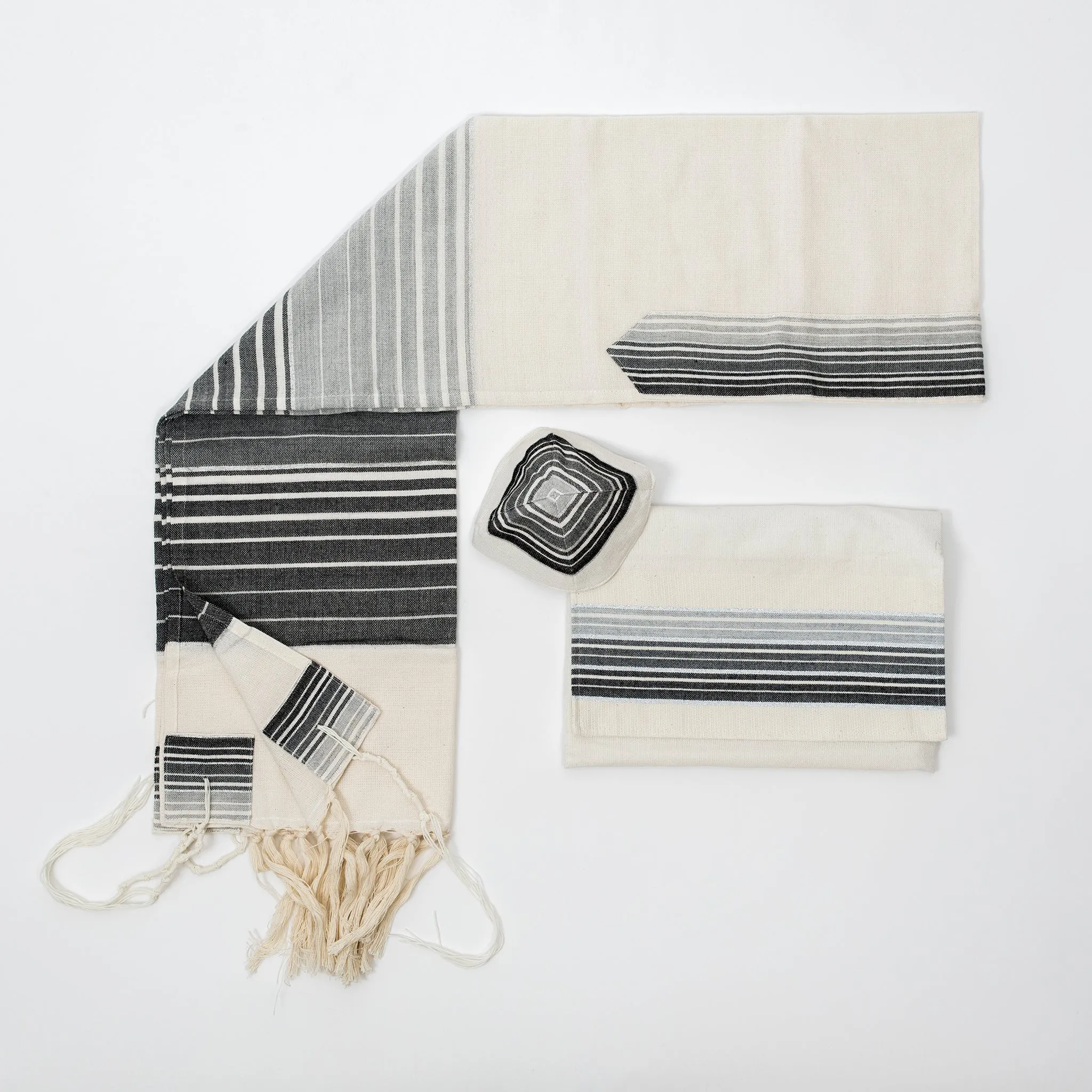 Ella - Cotton Tallit - Shades of Gray with Silver on Off-White