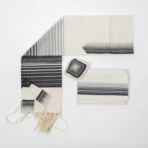 Ella - Cotton Tallit - Shades of Gray with Silver on Off-White