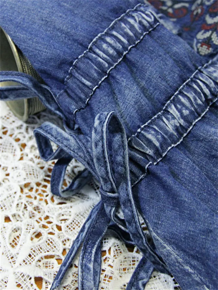 Ethnic Style Embroidery Half Sleeve Adjustable Waist Denim Dress