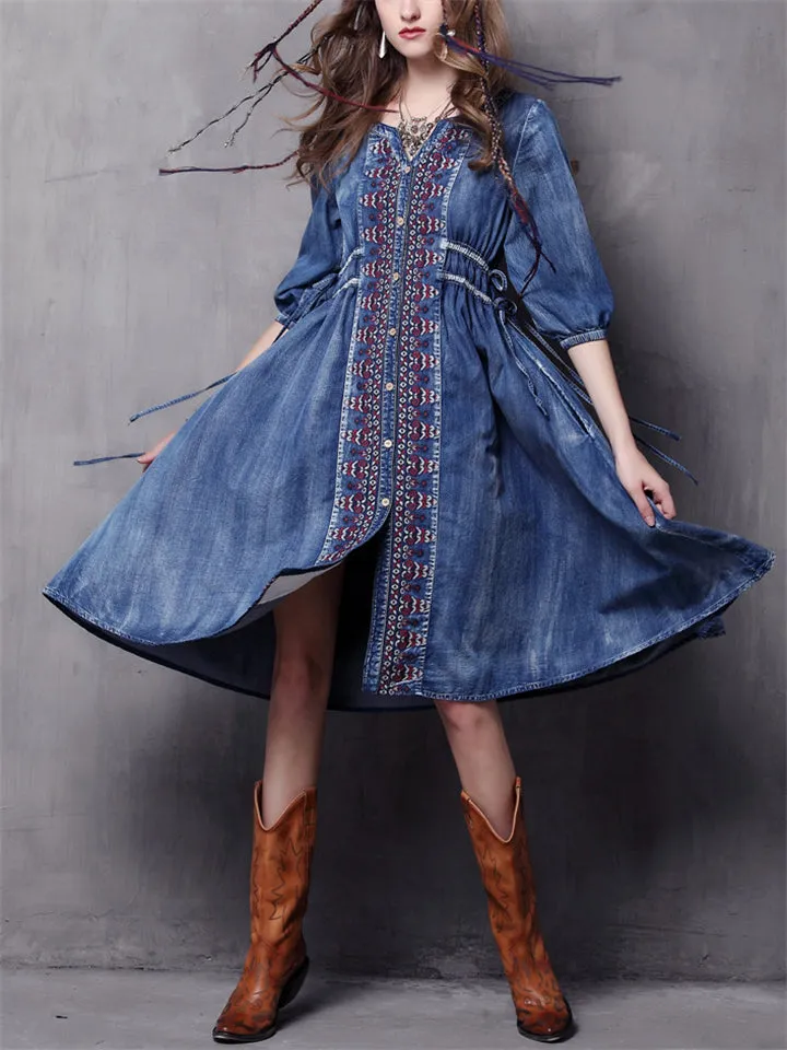 Ethnic Style Embroidery Half Sleeve Adjustable Waist Denim Dress