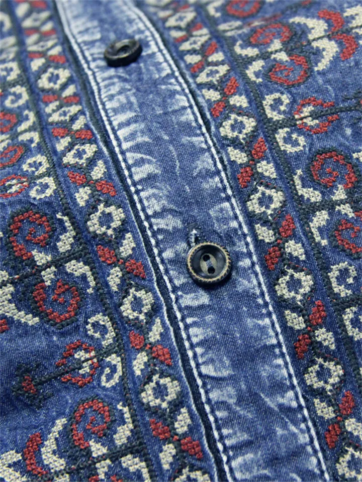 Ethnic Style Embroidery Half Sleeve Adjustable Waist Denim Dress