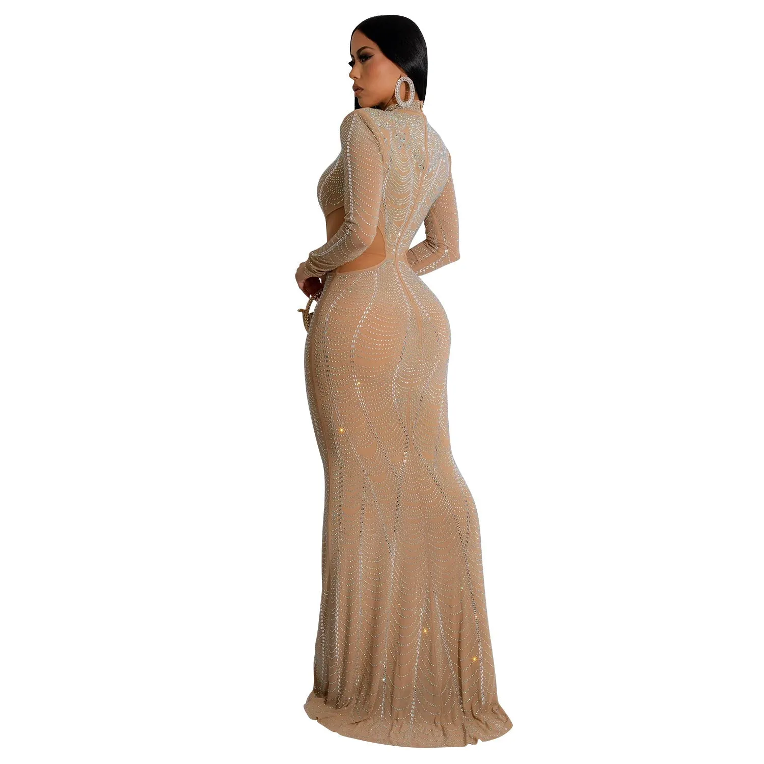 Exquisite Long-Sleeve Beaded Mesh Evening Gown with Cutout Details