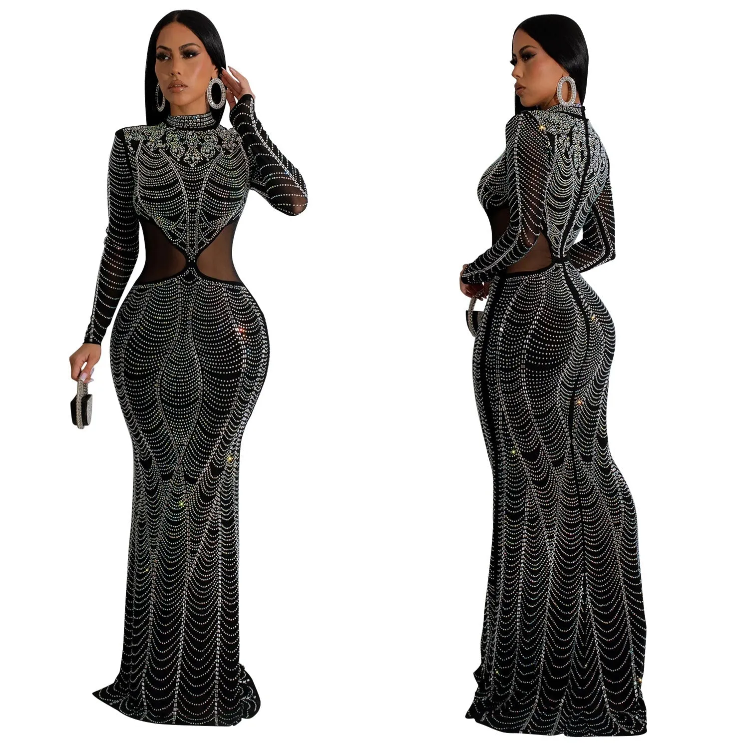 Exquisite Long-Sleeve Beaded Mesh Evening Gown with Cutout Details