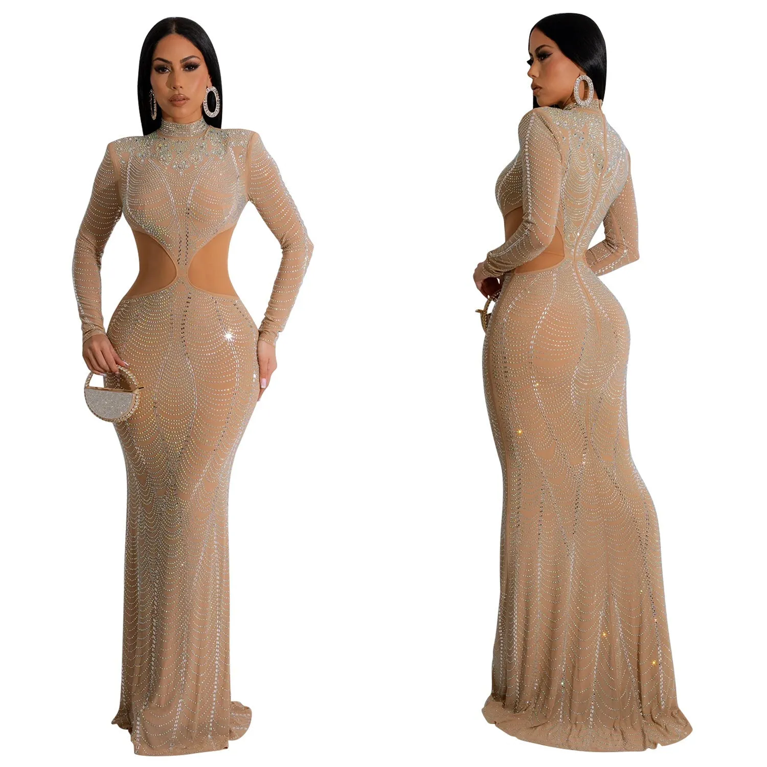Exquisite Long-Sleeve Beaded Mesh Evening Gown with Cutout Details