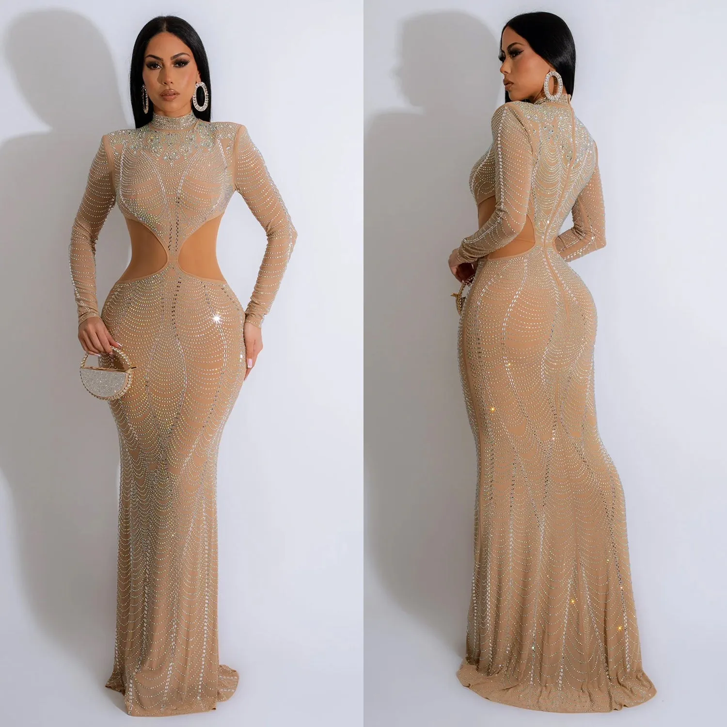 Exquisite Long-Sleeve Beaded Mesh Evening Gown with Cutout Details