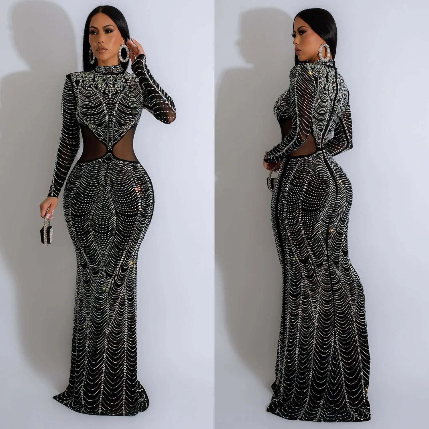 Exquisite Long-Sleeve Beaded Mesh Evening Gown with Cutout Details