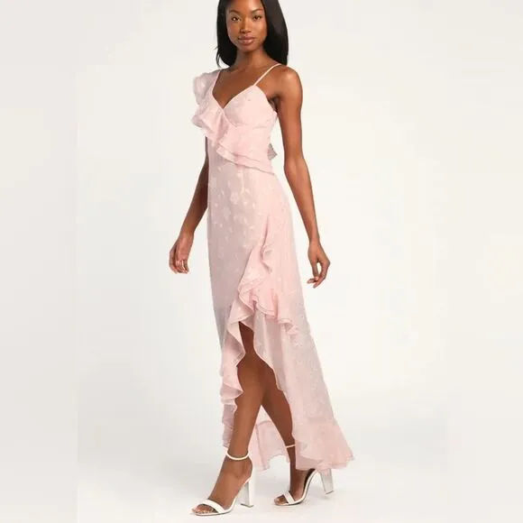 Forever Blush Pink Floral Jacquard Ruffled Maxi Dress