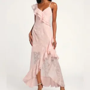Forever Blush Pink Floral Jacquard Ruffled Maxi Dress