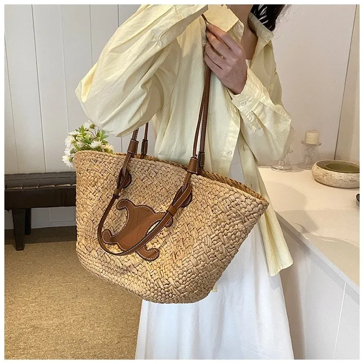 French Daily Cutting-edge features Size Tote for Handwoven Straw &amp; Style Women Huge price cut Use | for Woven – 40x50cm Beach with Bag 25cm Medium Strap