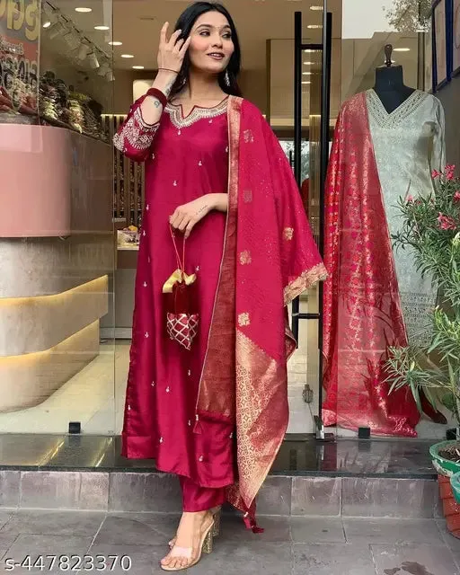 FRILLFIT: Women's Festive Maroon Straight Desiner Kurta & Pant Set With Jacquard Dupatta