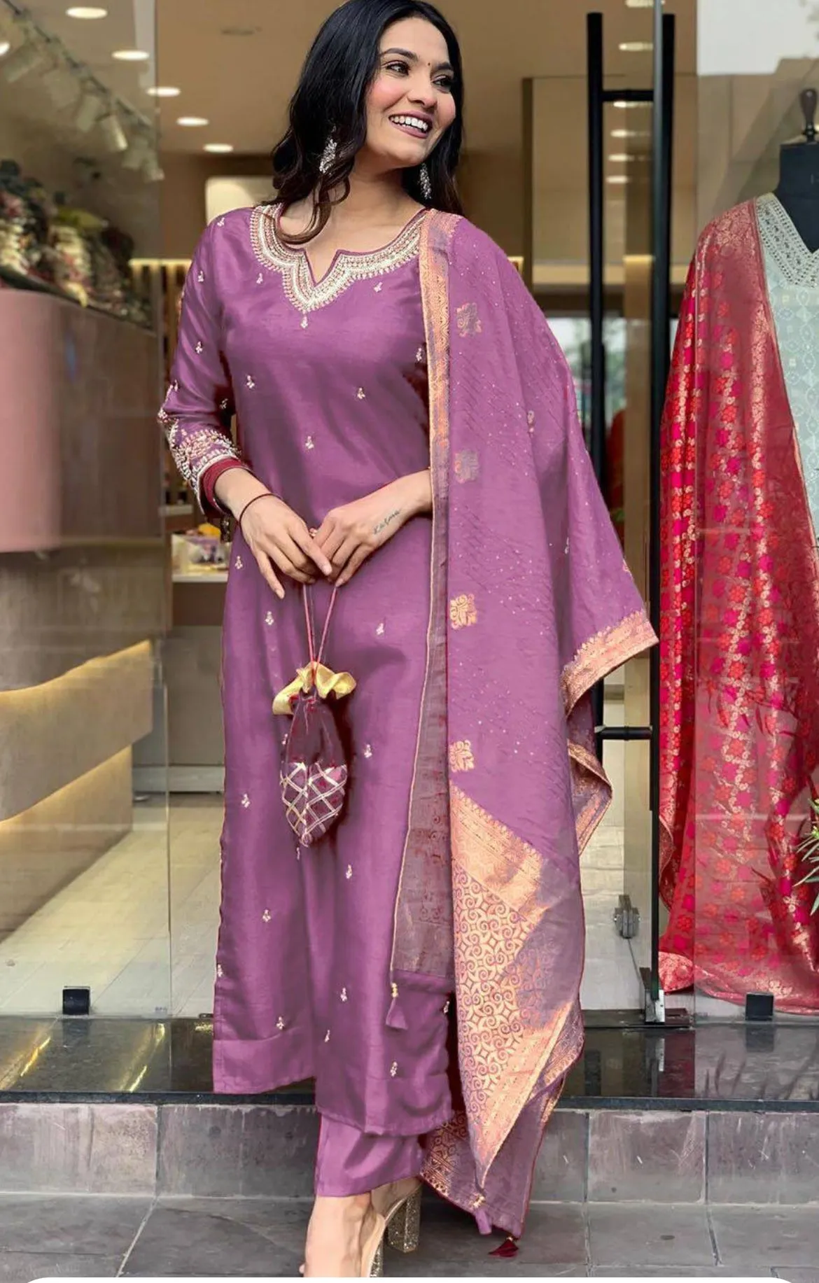 FRILLFIT: Women's Festive Maroon Straight Desiner Kurta & Pant Set With Jacquard Dupatta