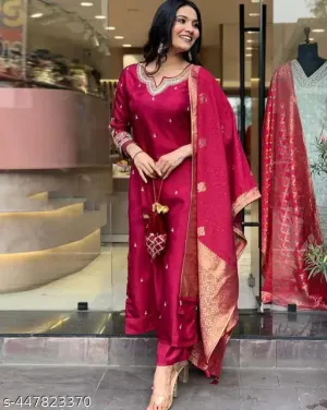 FRILLFIT: Women's Festive Maroon Straight Desiner Kurta & Pant Set With Jacquard Dupatta