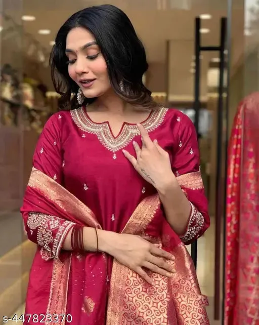 FRILLFIT: Women's Festive Maroon Straight Desiner Kurta & Pant Set With Jacquard Dupatta