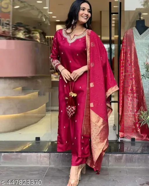 FRILLFIT: Women's Festive Maroon Straight Desiner Kurta & Pant Set With Jacquard Dupatta