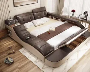 Genuine Leather with Massage Pad, Speakers, Storage Space and Pop-out Desk