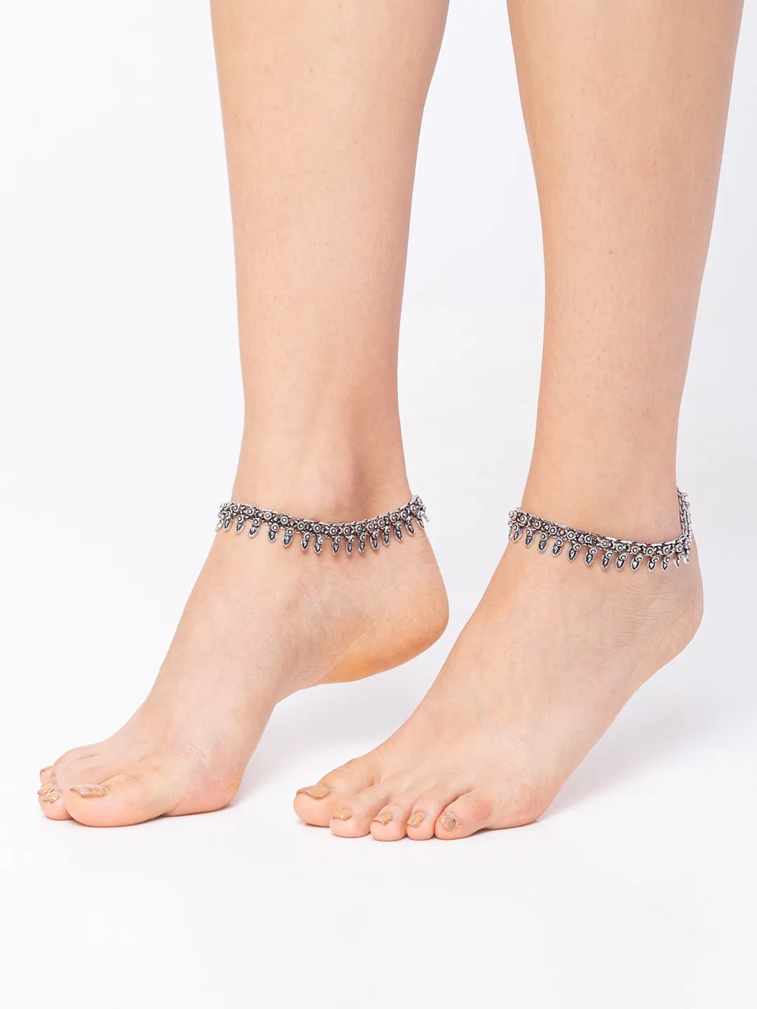 German Oxidised Silver Anklets Floral/Drop Leaf Design Payal Silver Plating Ghungroo Foot Jewellery