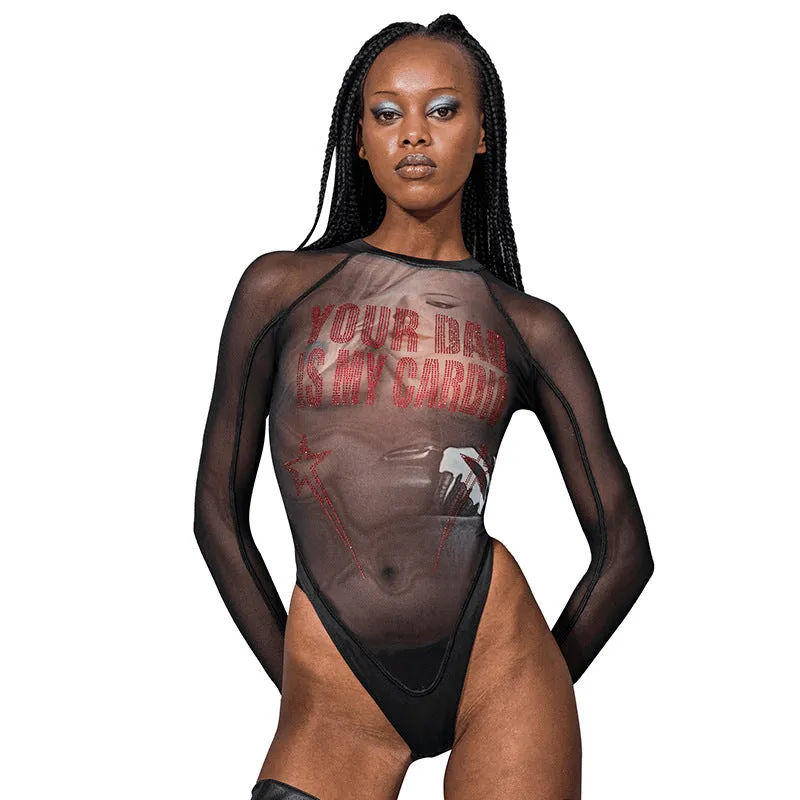 Glamorous Allure Beaded Mesh See-Through Long Sleeve Bodysuit