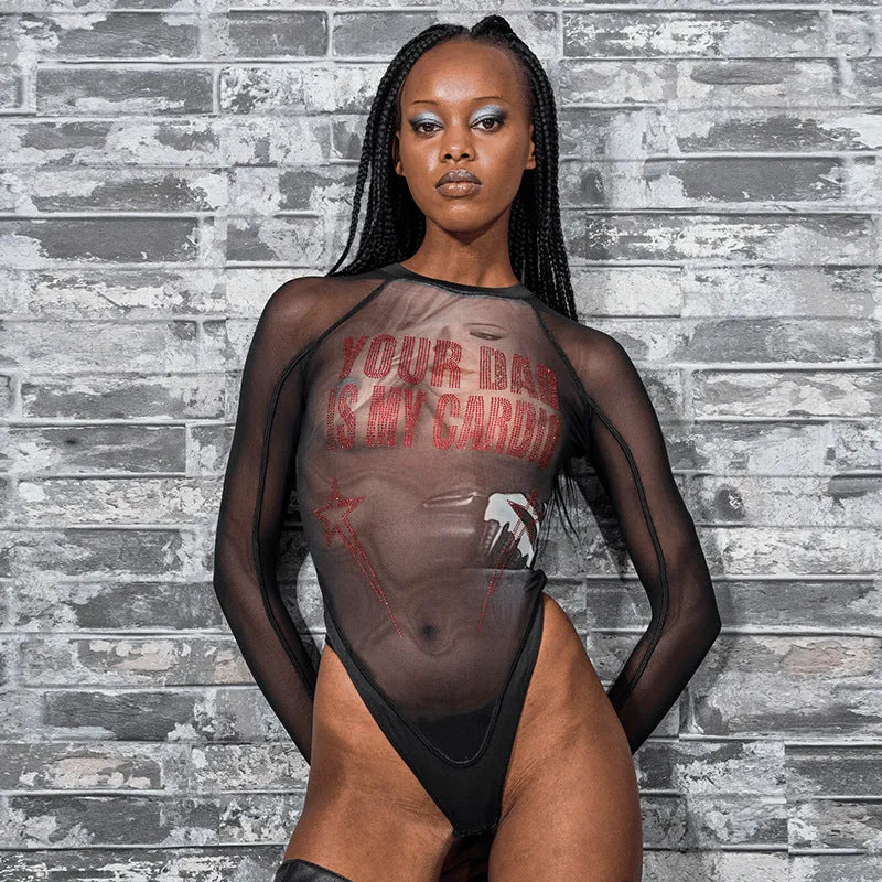 Glamorous Allure Beaded Mesh See-Through Long Sleeve Bodysuit