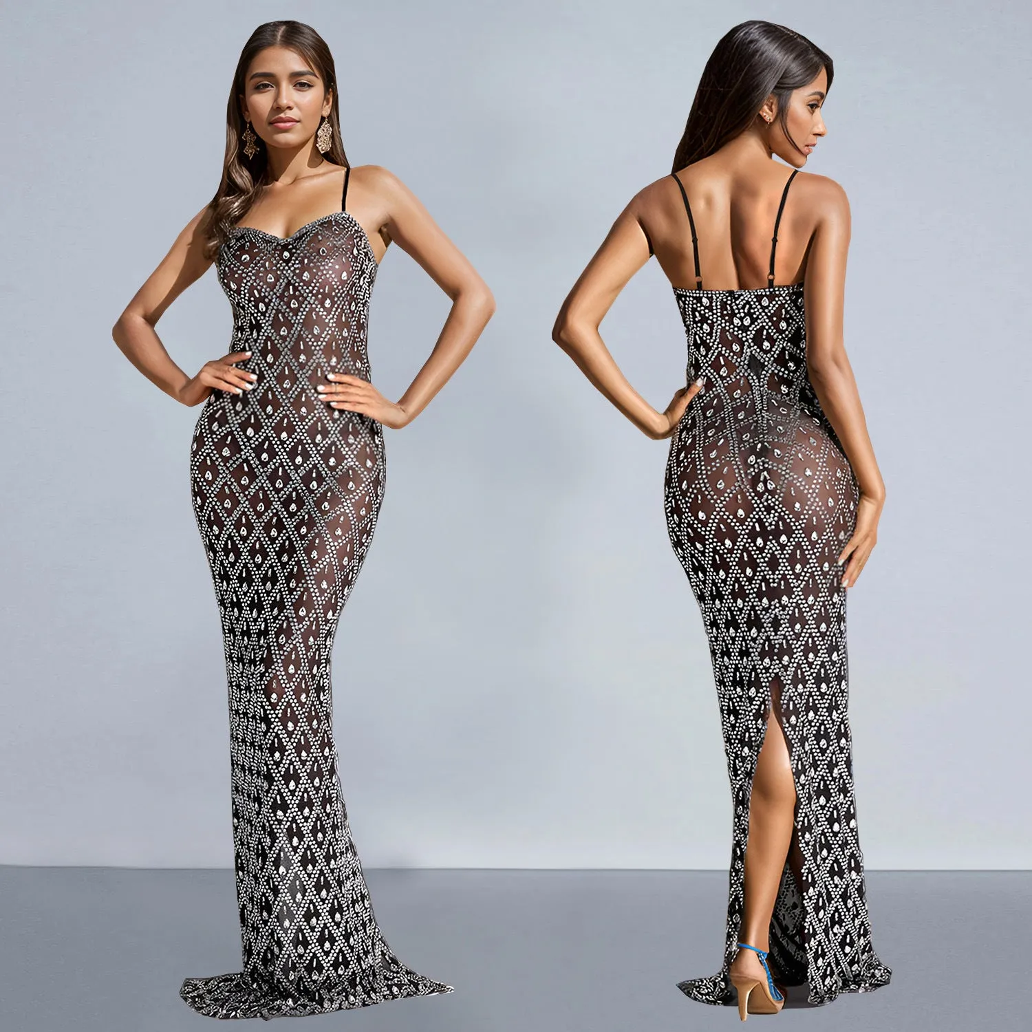 Glamorous Beaded Mesh Bodycon Evening Gown with Spaghetti Straps
