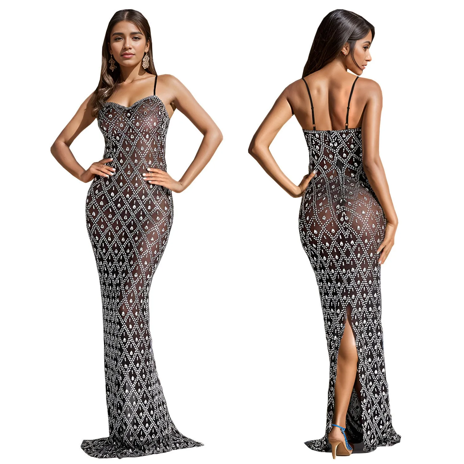 Glamorous Beaded Mesh Bodycon Evening Gown with Spaghetti Straps