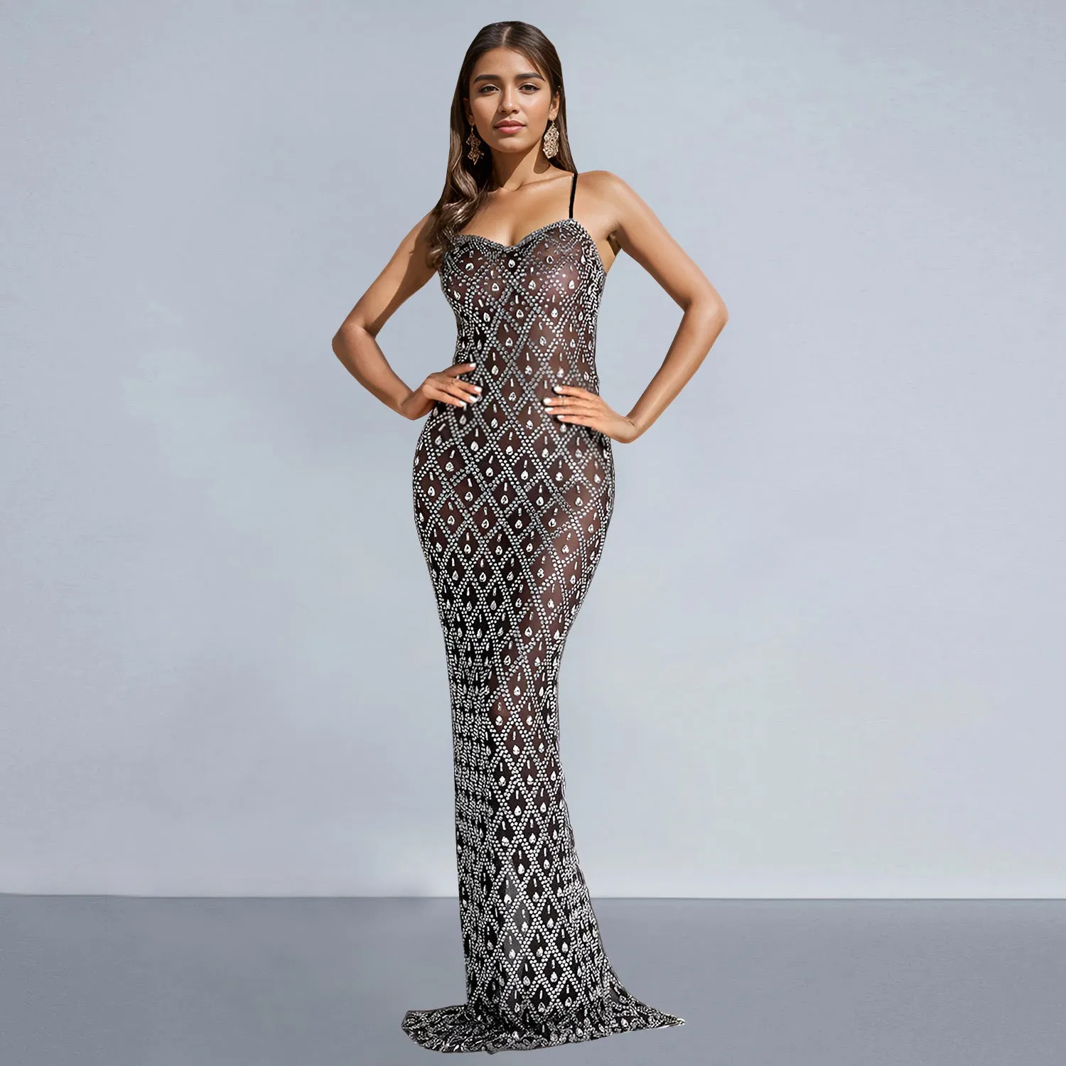 Glamorous Beaded Mesh Bodycon Evening Gown with Spaghetti Straps