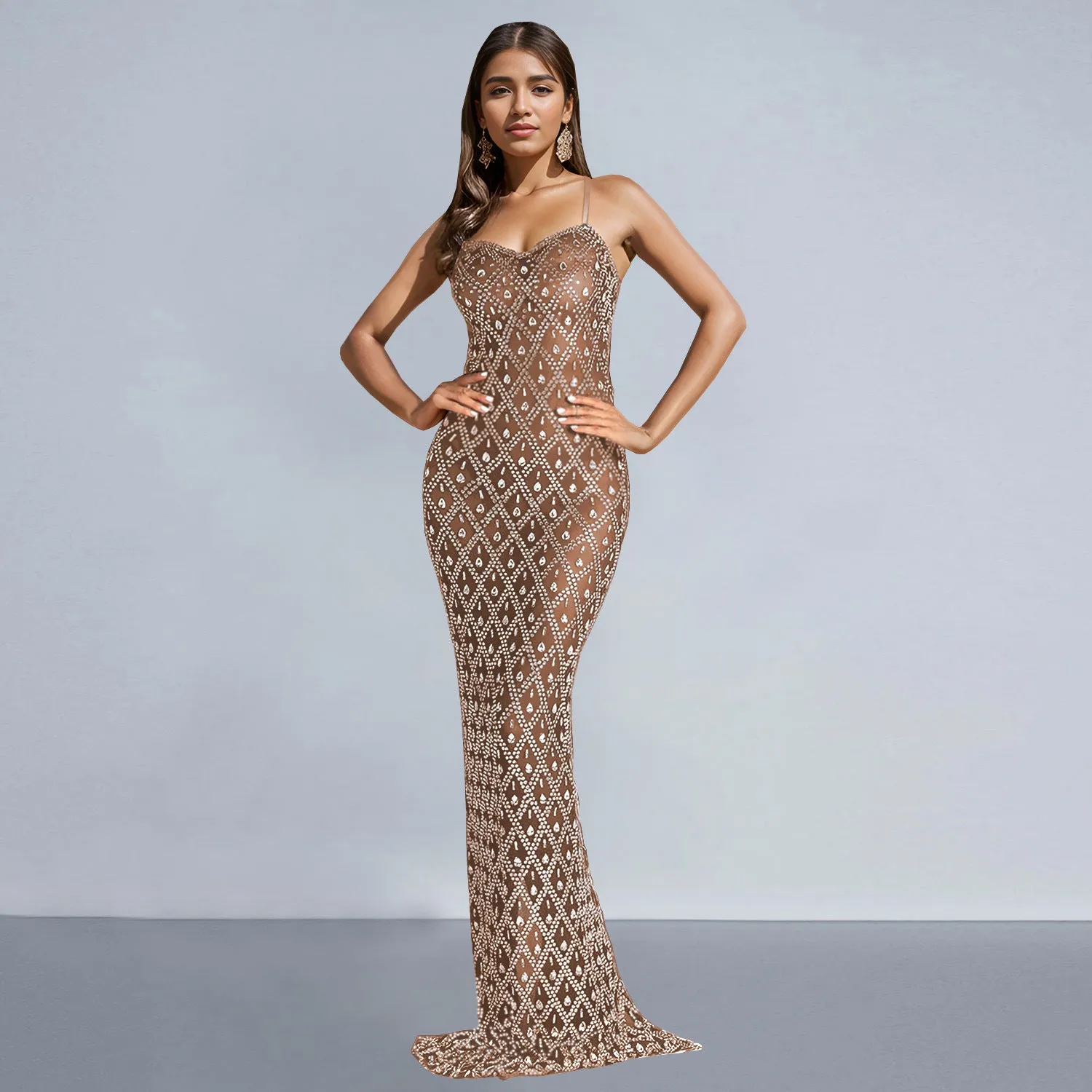 Glamorous Beaded Mesh Bodycon Evening Gown with Spaghetti Straps